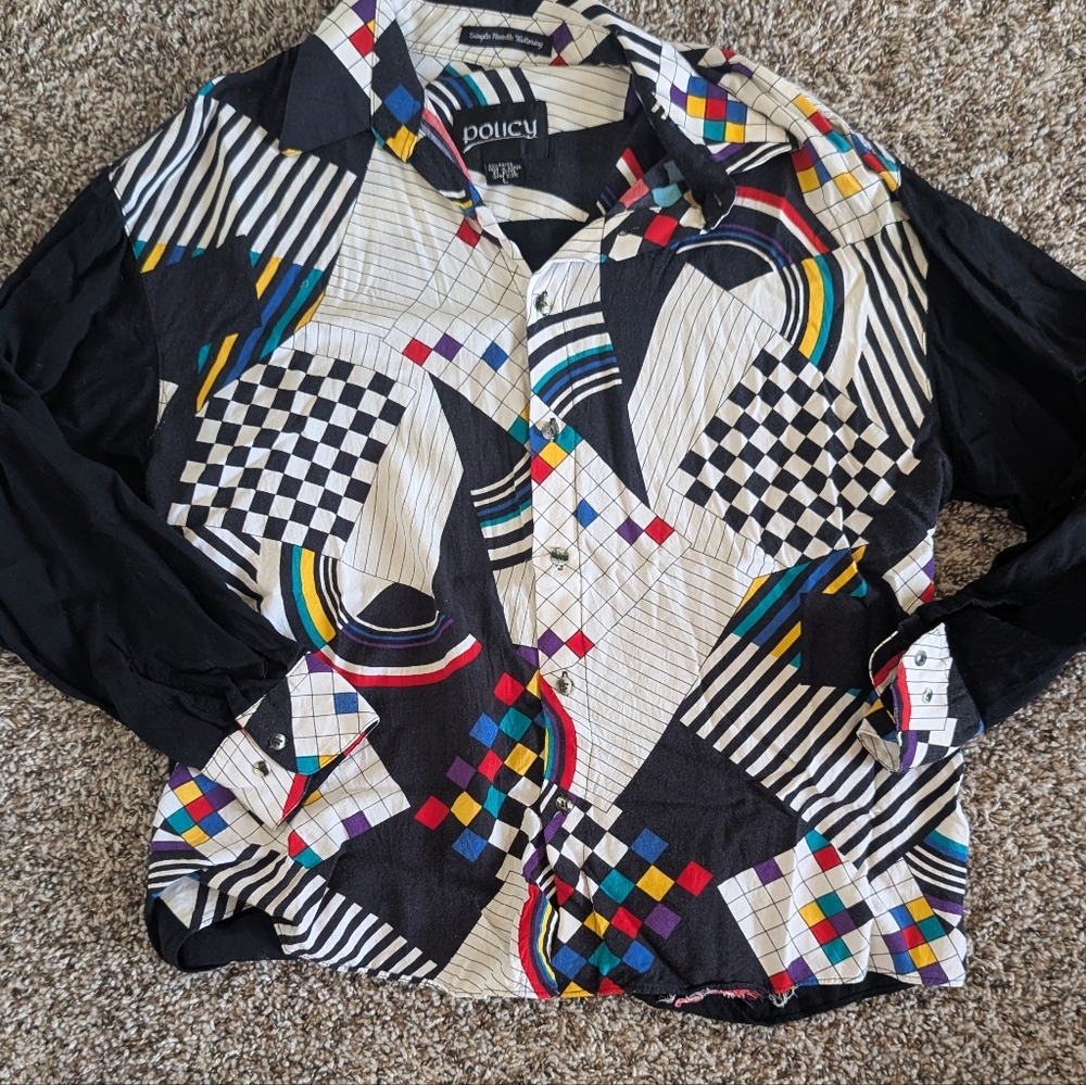 Policy Vintage Black White And Rainbow Pattern Button Down Shirt Large